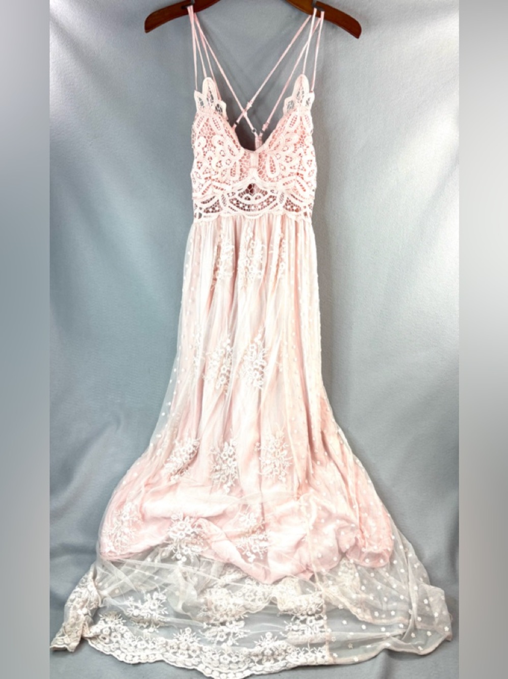 Main Strip M Balletcore Romance Etherial Blush Lace Maxi Dress with Strappy Back - Picture 10 of 10